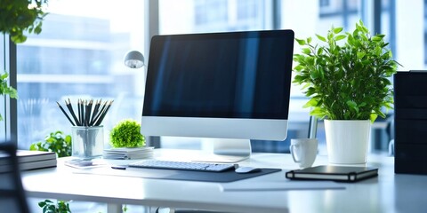 Modern professional desk setup with digital tools greenery and clean design elements in a contemporary office