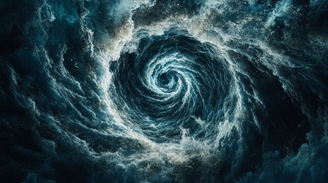 Hurricane eye, calm center with swirling clouds around it, seen from above, under diffused light