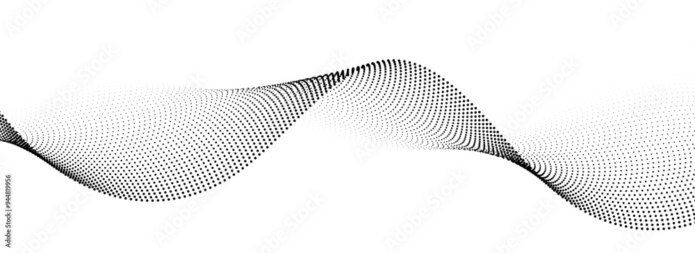 Aufkleber Dotted wave line background. Black halftone undulate pattern. Curved dashed gradient design element for poser, banner, presentation, booklet. Abstract flowing particle dot line wallpaper. Vector