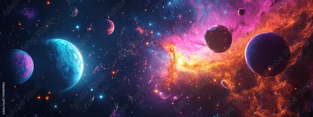 Poster Abstract multicolored space background featuring a 3D cartoon rendering a science fiction wallpaper showcasing a fantastic galaxy with an explosion of stars and planets in a distant solar system