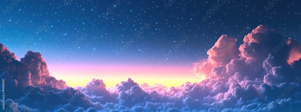 Poster night blue sky long exposure view with stars and mixed clouds in a 3d cartoon rendering