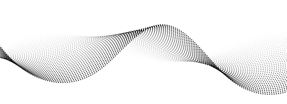 Dotted wave line background. Black halftone undulate pattern. Curved dashed gradient design element for poser, banner, presentation, booklet. Abstract flowing particle dot line wallpaper. Vector
