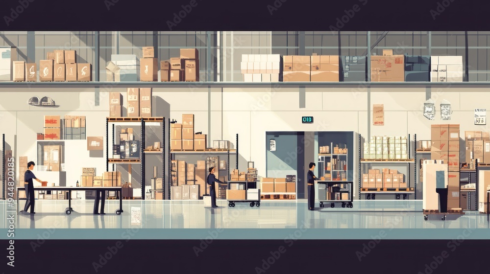 Poster workers in a large warehouse with many cardboard boxes