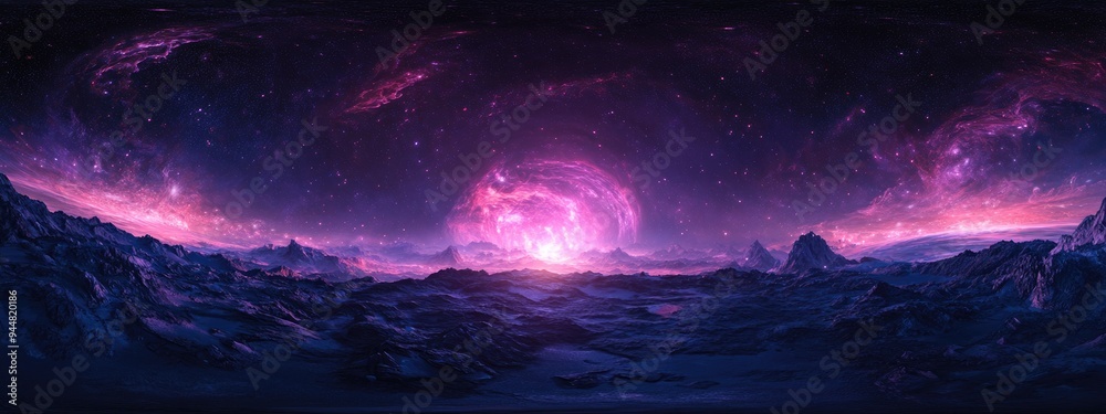 Aufkleber 360 degree space background featuring a nebula and stars created in 3D cartoon rendering with equirectangular projection and HDRI spherical panorama 3D illustration