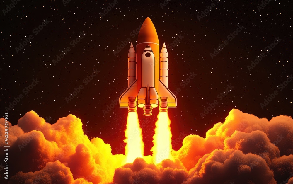 Poster Spaceship in orbit around Mars depicted in a 3D cartoon rendering with a space shuttle and clouds in the sky showcasing the exploration of the Red Planet