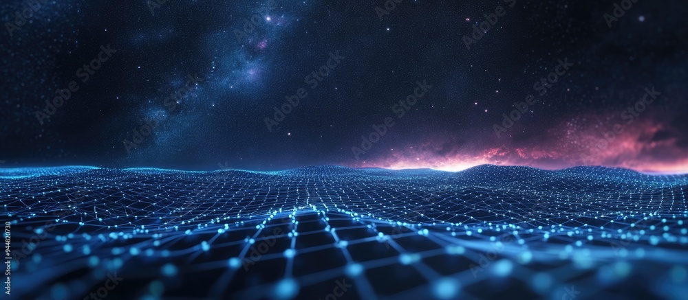 Poster Abstract landscape in a dark background featuring a star horizon cyberspace grid and a high tech network presented through a 3D cartoon rendering Starry texture of outer space included 3D illustra