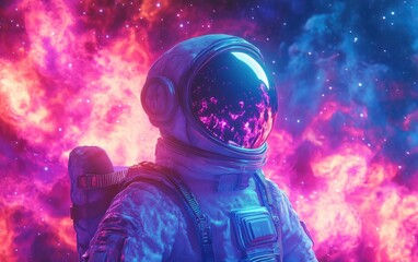 Cartoon rendered 3D image depicting an astronaut s half body profile amidst a vibrant nebula in space featuring reflections from the nebula on masks and spacesuits with a bright backdrop high qual