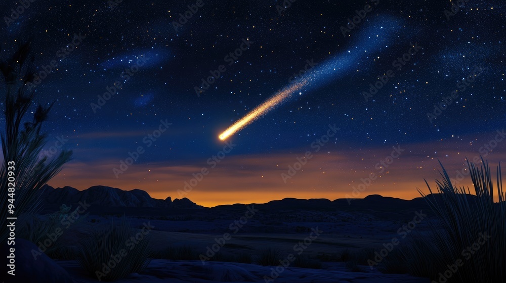 Poster 3d cartoon rendering showcasing a comet in the night sky