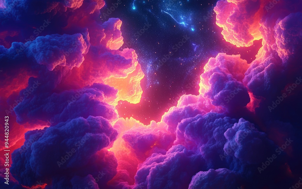 Leinwandbilder Abstract fractal art background featuring a 3D cartoon rendering that evokes heavenly clouds or a nebula with stars in space