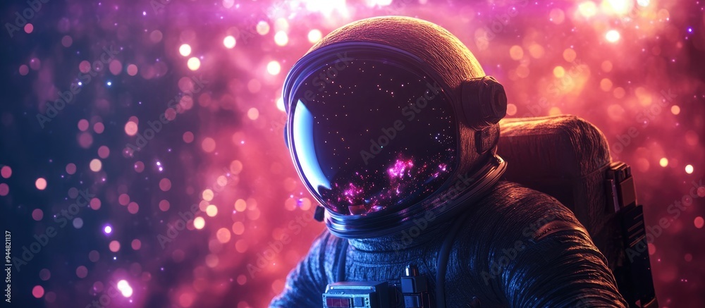 Poster astronaut in space featuring lights stars and galaxies depicted in 3d cartoon rendering
