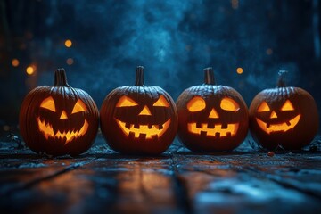 Row of glowing jack-o'-lanterns against dark background