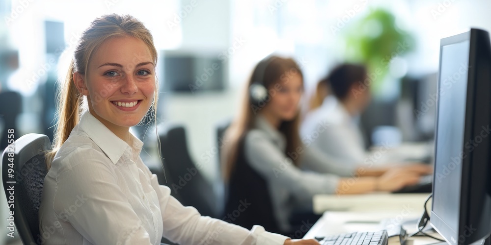 Poster Customer service team providing innovative solutions to client issues using advanced technology and personalized service in a modern office