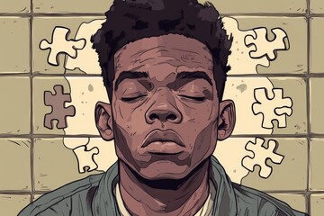 Illustrated portrait of a young man with puzzle pieces symbolizing the challenges of mental health self discovery and the journey to piece together ones identity in a graphic textured style