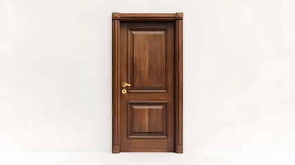 31. **A traditional solid wood door with brass hardware, isolated on a pristine white background.