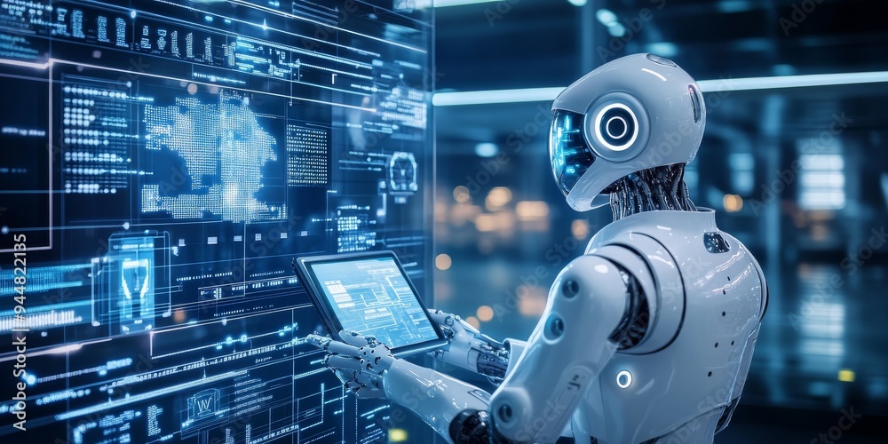 Poster Professionals in a high-tech environment integrating various technologies such as AI software and smart devices to enhance productivity