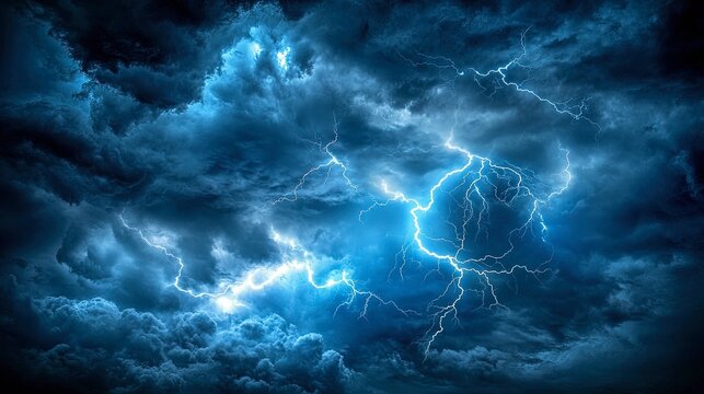 Lightning illuminating a stormy sky, striking multiple points, with dark clouds swirling