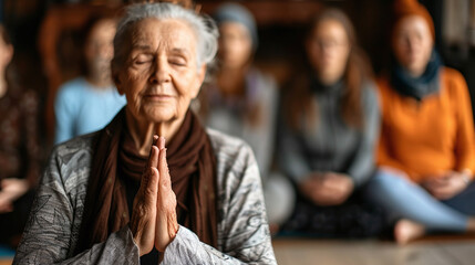 Elderly Women Doing Yoga with a Group of Friends - Promoting Health and Wellness in Senior Community