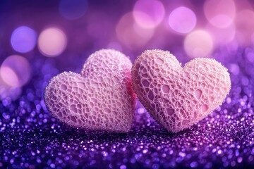 Obraz premium Two Soft Pink Hearts With Lace On Purple Glitter Background With Sparkles - Valentine's Day Concept with generative ai