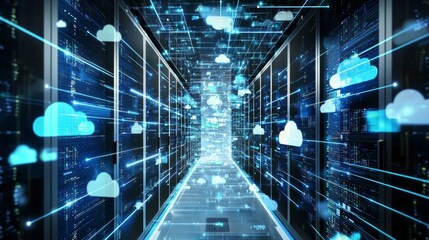 Innovative cloud virtualization architecture, with virtual servers and storage units seamlessly connected in a futuristic digital environment
