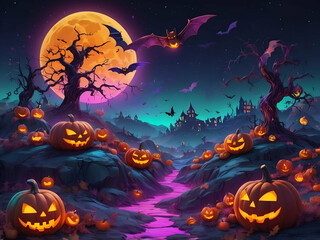 abstract neon Holographic Halloween landscape full moon with pumpkins and bats