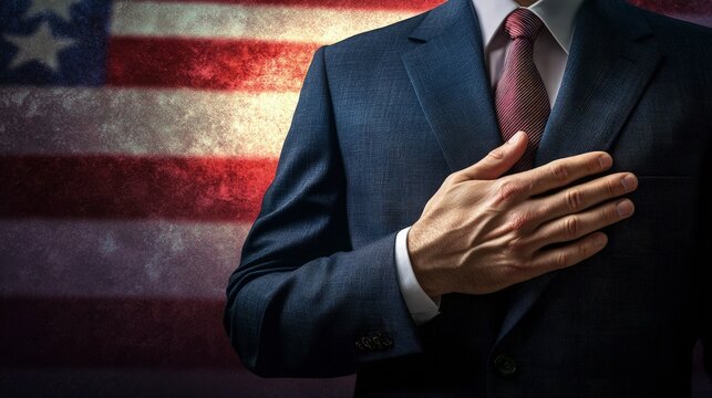 Man&acirc;&euro;&trade;s hand over his heart, pledge of allegiance, dramatic light, patriotic scene