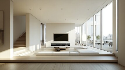 Fototapeta premium Modern living room with large windows and a city view