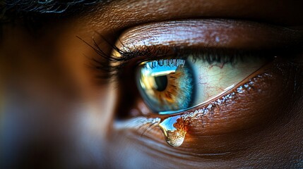 Man's eyes filled with tears, holding back emotions, under soft ambient light