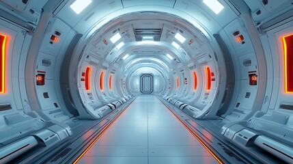 Futuristic corridor with glowing red and white lights.