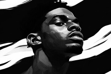 Stylized portrait of a young man in a bold high contrast black and white design symbolizing strength determination and the clarity of vision in a modern graphic art style