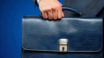 Man's hand holding a briefcase, heading into an important meeting, under bright professional light