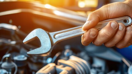 Man's hand holding a wrench, fixing a car engine, under bright garage lighting