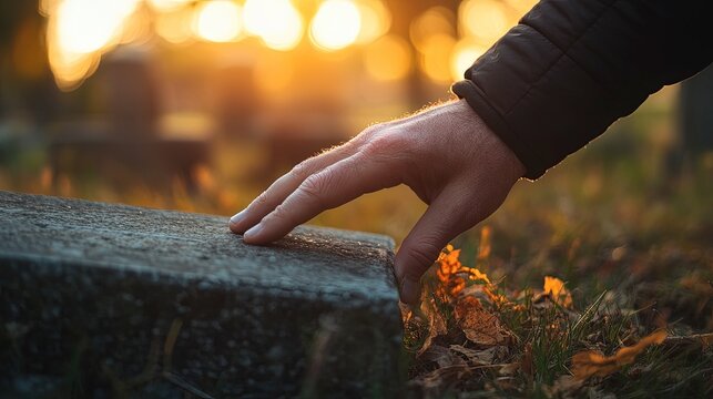 Man's hand touching a gravestone, honoring the past, soft evening light