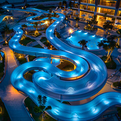 Evening Excitement: The Spiral Design of Water Park Slides Illuminated