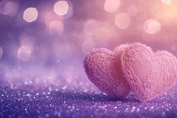 Two Soft Pink Hearts With Lace On Purple Glitter Background With Sparkles - Valentine's Day Concept with generative ai