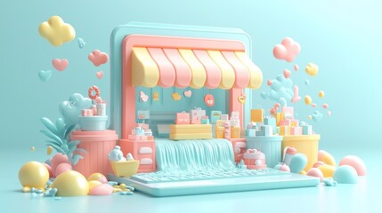 Digital Marketplace Deluge: E-Commerce Goods Flowing from Laptop Screen into Virtual World, Generative Ai