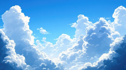 Bright blue sky adorned with fluffy white cumulus clouds A digital representation capturing a clear morning atmosphere