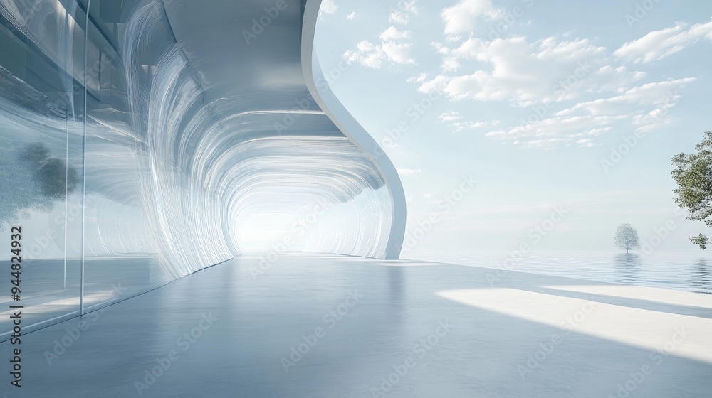 Poster 3d rendering of an abstract futuristic glass structure featuring an open concrete floor