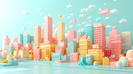 Cyber Cityscape: Surreal Skyscrapers of Digital Shopping Carts and Transaction Receipt Skyline, Generative Ai