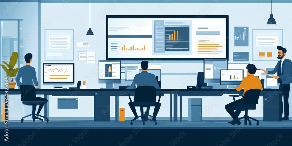 Poster Modern office setting with IT professionals providing tech support and services to ensure smooth business operations and system uptime
