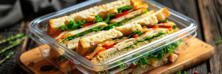 Crafting a Plastic Lunchbox with Sandwiches Arranged on a Wooden Surface