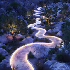 Desert Exploration: Winding Trails in a Park Captured at Dusk in Hyper-Realistic Detail