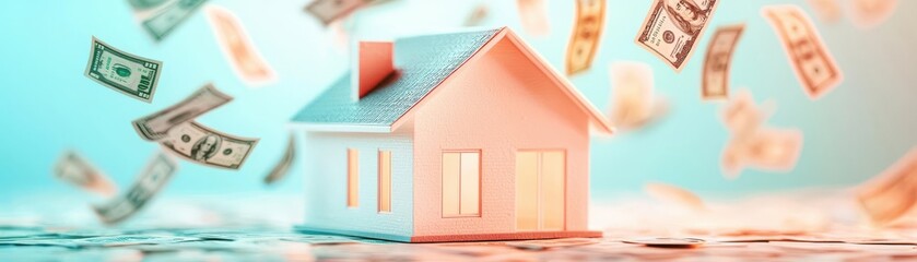 Flying money around house model, symbolizing financial investment, housing market dynamics, economic uncertainty, real estate risks, investment volatility