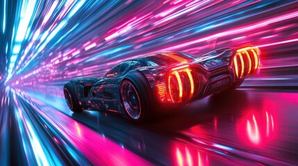 Futuristic Sports Car Speeding Through Neon Tunnel