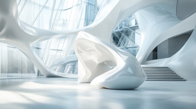 Abstract architectural interior featuring a white sculpture and geometric glass elements created through 3D illustration and rendering techniques