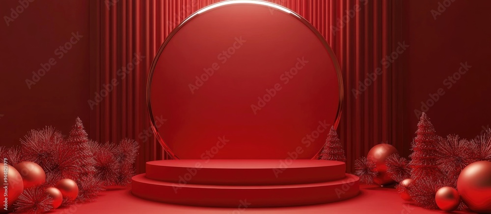Poster 3d render of a podium background with red tones suitable for showcasing products during the festive 