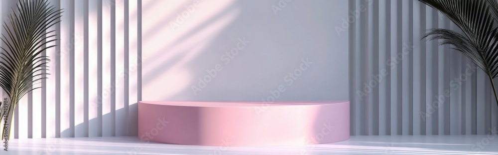 Poster 3d gray backdrop featuring a product display podium with a pink geometric platform
