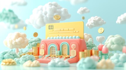 Naklejka premium Digital Commerce Dreams - Floating Credit Card in Surreal Sky with Rain of Coins and Product Images, Generative Ai