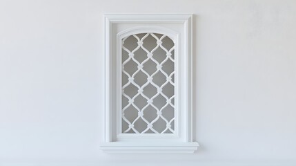 17. **A decorative window with lattice work and a white frame, displayed on a pristine white background.