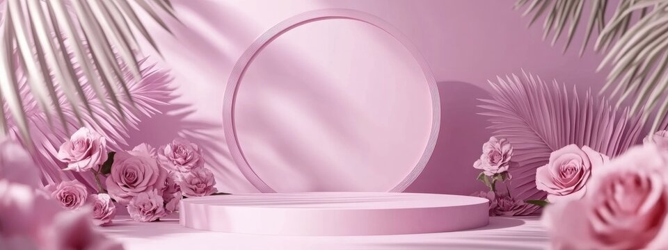 3D podium presentation featuring a pastel purple backdrop with rose flowers a circular frame and palm leaf shadows Minimalistic pedestal designed for beauty and cosmetic products ideal for a femin