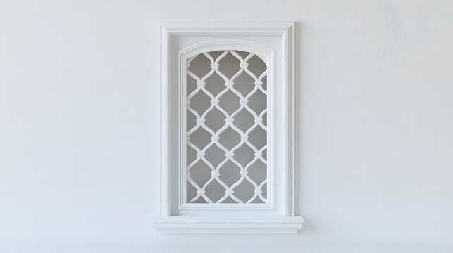 17. **A decorative window with lattice work and a white frame, displayed on a pristine white background.
